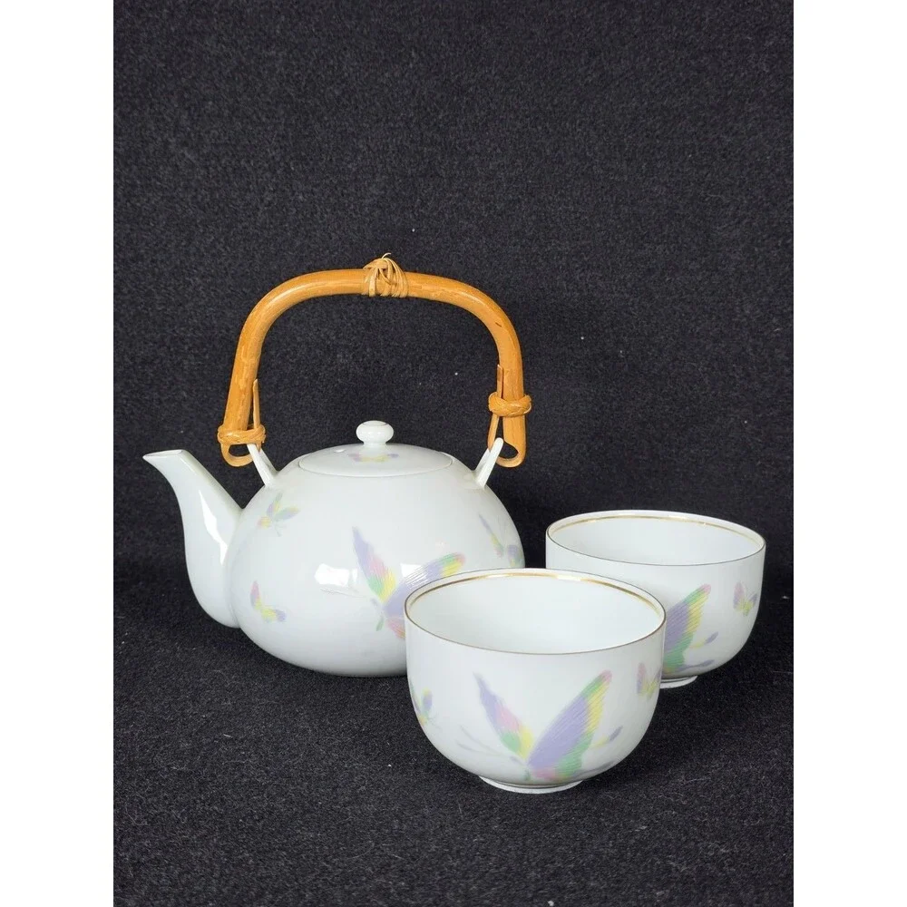 Asian Porcelain Tea Set Teapot & 2 Teacups Butterfly Gold Gilt Rim Retro